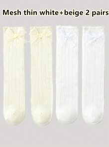 [2 Pairs] Girls Kids Knee High Socks, Spring/Summer Thin Knit Pure Cotton Lace Bow Tulle Breathable Moisture Wicking Mid-Calf Stockings, Student Children Lolita Socks, Versatile New Arrival