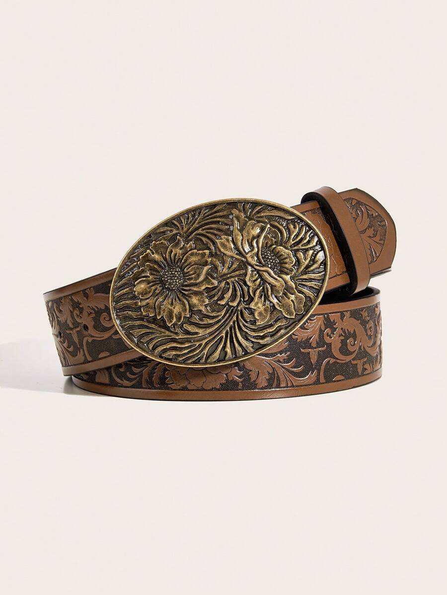 1 条女士复古合金和 PU 皮革葡萄印花腰带，适合夏季、秋季、万圣节日常使用 - 棕色 - 查看 1