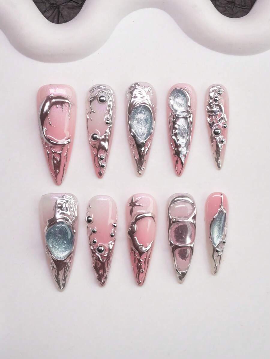 Unhas Postiças Feitas à Mão com Formato de Amêndoa, Estilo Girly Y2K, 10 Peças/Conjunto com 3 Opções de Tamanho, Incluindo Unhas de Olho de Gato Rosa com Padrões Assimétricos de Metal Líquido, Gemas Azuis, Lua e Design de Contas, Adequado para Festa, Baile de Formatura, Uso Diário, Pode Ser Dado como Presente para Mulheres e Meninas, Unhas Postiças, Suprimentos de Unhas - Multicolorido - Visão 1