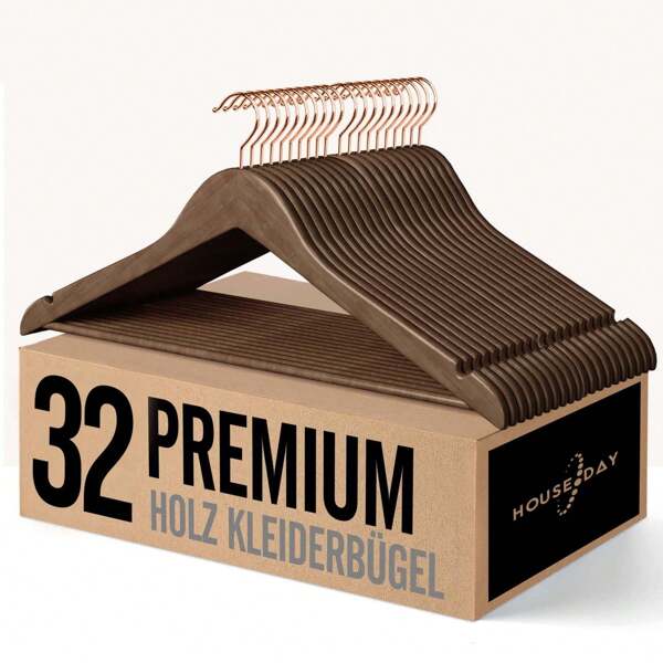 Kleiderbügel Holz 32 Stück Kleiderbügel Holz Walnuss Holzbügel Walnuss Holzkleiderbügel Bügel Holz Kleiderbügel Stabil Kleiderbügel Drehbar 44,5cm Breit, mit Einkerbung, Roségold Haken