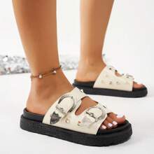 厚底平跟凉鞋，百搭带扣装饰，圆头，女士休闲夏季拖鞋 - 白色 - 查看 5