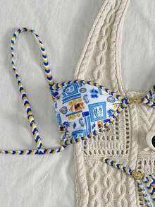 女士比基尼套装三角形罩杯，金属装饰和细肩带，拼色印花泳装，适合夏季海滩度假