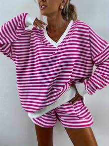 Conjunto de pijama de mujer con top de manga larga a rayas y shorts, de corte holgado, con bloques de color, cuello en V, ropa de dormir casual y cómoda para otoño e invierno - Morado - Ver 4