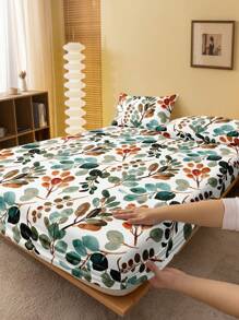 Juego de sábana ajustada de 2/3 piezas de unicolor con hojas botánicas (1 sábana ajustada + 1/2 fundas de almohada), protector de colchón, funda de colchón para cama, juego de sábanas, suaves y transpirables, para camas de todos los tamaños - individual, doble, king, queen con bolsillo profundo de hasta 11,8 pulgadas. Textil para el hogar