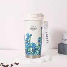 1 Pc 316 Stainless Steel Vacuum Insulated Water Bottle With Carry Strap, Lily Flower Pattern Coffee Cup, Portable Double-Wall Tumbler With Straw, Unisex Office Cup Back To School