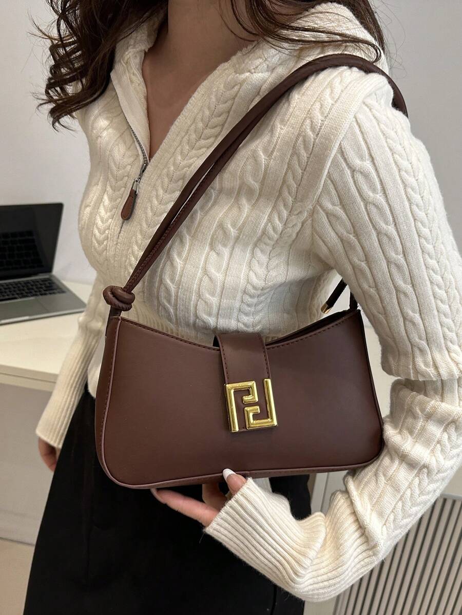 Fashionable Solid Color Waist Belt Decor Shoulder Bag, Suitable For Shopping, Wallet Carrying, Casual Outings, Especially Suitable For Young Women, College Students, Young Professionals, And White-Collar Workers. Also Very Suitable For Office, University, Work, Business, Commuting, Outdoor Activities, Travel And Picnics. - Brown - View 1