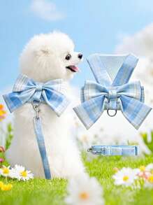 Pet Cute Bowknot Collar Dress With Harness, Leash, Cat Clothes, Dog Vest