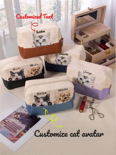 Personalized Canvas Makeup Bag, Customed Cat Portraits Makeup Pouch With Names, PU & Canvas Splicing Contrast Colors Cosmetic Bag, Lightweight Travel Organizer With Zipper, Gift For Cat Lover/Cat Owner ﻿