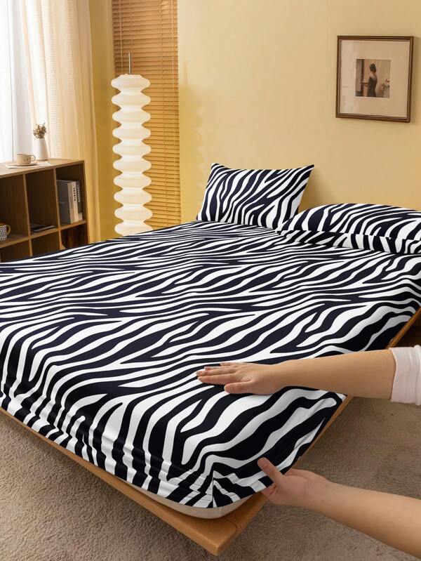 2/3pcs White Black Zebra Fitted Sheet Set (1Pc Fitted Sheet+1/2pcs Pillowcases), Mattress Protector, Mattress Cover For Bed, Bed Sheet Set, Soft And Breathable, For All Size Bed -Twin, Full, King, Queen Size Sheet Deep Pocket Up To 11.8 Inch Home Textile Back School Bedding Domitory Bedding Set
