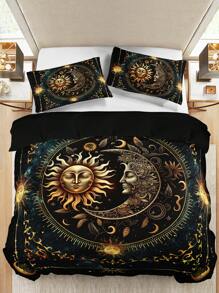 3PCS Super Soft Breathable Golden Sun And Moon Planet Duvet Cover Set (1 Duvet Cover+2 Pillowcases Without Pillow Core), At Home Dormitory High Definition Numerical Code Printing