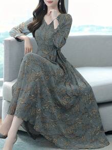 Women's V-Neck Leaf Print Dress, Long Sleeved Waist Cinched Lace Up Dress, Elegant And Slimming Dress, Women's Versatile And Comfortable Dress For All Seasons, Women's Dress