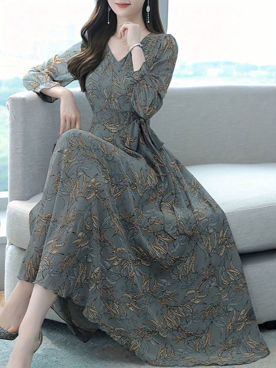 Women's V-Neck Leaf Print Dress, Long Sleeved Waist Cinched Lace Up Dress, Elegant And Slimming Dress, Women's Versatile And Comfortable Dress For All Seasons, Women's Dress