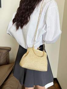 女士时尚编织手柄顶部拉链单肩链条斜挎包 - 卡其色 - 查看 4