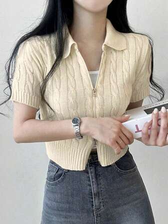 Women Casual Solid Color Double Zipper Short Sleeve Cropped Cardigan, Summer