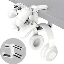 带双挂钩的桌面耳机和游戏控制器支架，耳机支架收纳架，无需钻孔 - 珍珠白 - 查看 8