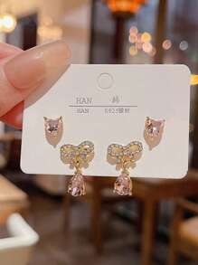 2副/對甜美時尚粉色蝴蝶結耳環 - 簡約設計,超閃耀心形耳骨釘 - 粉色 - 查看 6