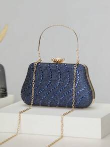 Elegant Navy Blue Rhinestoned Box-Shaped Evening Bag - Navy Blue - View 5