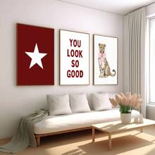 1/3 套时尚豹纹星形墙饰，粉色俏皮猎豹墙饰印花，你看起来真好，极简主义多巴胺装饰，无框墙饰 - 黑色 - 查看 2