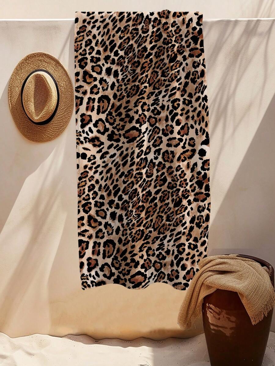 1pc Oversized Leopard Print Beach Towel, Super Soft & Lightweight Microfiber, Highly Absorbent, Suitable For Summer Beach Use - Brown - View 1