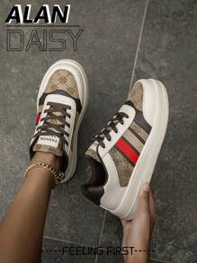 Women's Fashion Color Block Lace Up Platform Sneakers, Comfortable Daily Light-Weight Versatile Student Outdoor Couple Sports Shoes - Brown - View 4