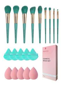 Princess Rose Conjunto de brochas de maquillaje que incluye: 9 brochas azul real tipo "Princesa Rosa", 5 huevos de belleza verde claro y 5 borlas cian, compuesto por un conjunto de brochas, brochas de base, brochas tipo llama, brochas de párpado, brochas de colorete y juegos de artista de maquillaje