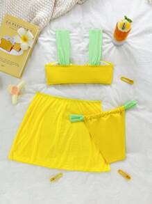 Contrast Color Mesh 3 PiecesBikini Set Set: Bikini Top, Bottom, And Cover Up Sarong Skirt, Vacation Summer - Yellow - View 2