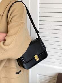 1pc Fashion Solid Color PU Edged Minimalist One Shoulder Small Square Bag, Flap Twist Lock Women Handbag, Suitable For Shopping, Gift, Commuting - Black - View 9