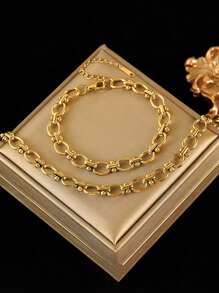 1 Set Stainless Steel Geometric Knot Design Fashionable Personalized Necklace & Bracelet Set, Suitable As Gift - Yellow Gold - View 12