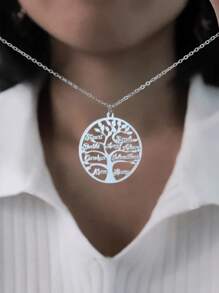 Custom Tree Of Life Nameplate Necklace, Unisex, Personalized With Mother & Child / Family Member Names, Stainless Steel Pendant Necklace, 2-9 Name Customizable, Family Gift, Fashion, Autumn Style, Neutral, Casual Custom, Personalized