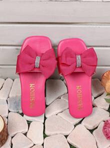 1 双夏季儿童防滑拖鞋时尚舒适柔软简约白色平底3-12岁女童凉鞋拖鞋适合室内外日常度假休闲沙滩鞋装饰大蝴蝶结，吊带中间镶嵌水钻蝴蝶结设计拖鞋 - 玫紅色 - 查看 5