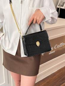 1pc Black PU Elegant Minimalist Crocodile Skin Pattern Metal Buckle & Chain Flap Cover Shoulder Handbag, Suitable For Ladies Spring/Summer, Office Commuter Bag, Outgoing Shopping Tote, Fit For Smartphone, Wallet, Lipstick, Keys, Tissue, Fashion Accessory