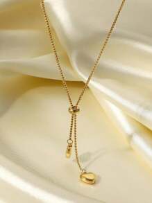 1pc Stainless Steel Necklace For Women, Heart & Tassel Pendant, Simple Choker Necklace - Yellow Gold - View 3