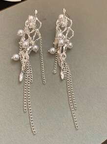Silver Flower Faux Pearl Chain Tassel Earrings, Suitable For Daily Wear - Silver - View 7