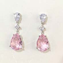 1 Pair Teardrop Shaped Zirconia Earrings For Women, Delicate Design - Pink - View 2
