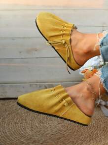2025 Autumn New Classic Lace-Up Round Toe Comfortable Fashion Casual Versatile Soft Sole Flat Shoes,Mule - Yellow - View 3