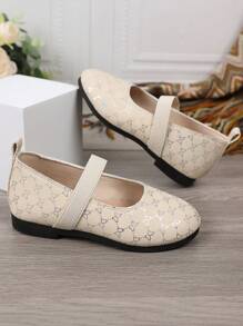 1 Pair Black Plus Size Girls' Flat Shoes, PU Material With Shiny Silver Pattern Decor, Strap Elastic Design, Round Toe, Soft & Comfortable Sole, Fashion Princess Shoes Suitable For 3-12 Years Old Girls, Daily, Party, Travel, Indoor & Outdoor Wear, Spring/Autumn 2026 New Arrival - Beige - View 4