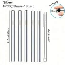 4/6pcs Wide 12mm Stainless Steel Metal Boba/Bubble Tea Straws Set - High Quality Polished Reusable & Easy To Clean, Suitable For Boba/Smoothies/20oz Cups - Great For Thick Drinks & Slushies (Silver/Colored),School Supplies