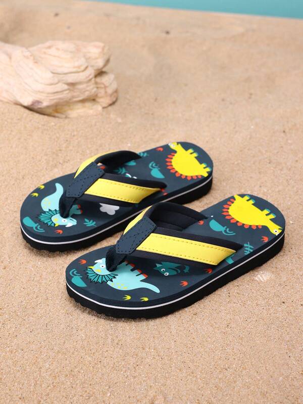 1 Pair Kids Boys' Cute Cartoon Dinosaur Comfortable Casual Home Flip Flops, Blue, Suitable For Summer
