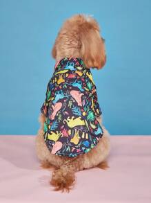1 pieza Camisa para mascotas con estampado de flores y dinosaurios, ropa para mascotas de estilo de vacaciones en la playa de poliéster para gatos y perros - Multicolor - Ver 4