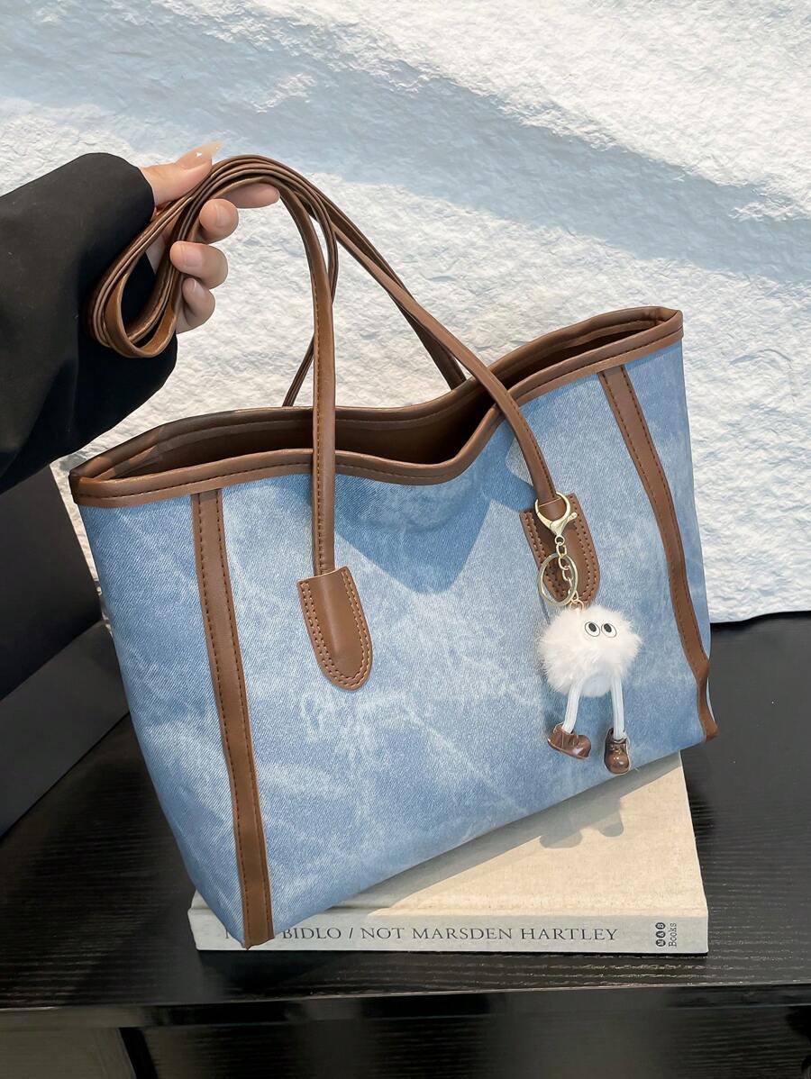 1 件蓝色时尚撞色大容量 PU 女士手提包，含毛绒装饰