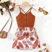 Solid Color Rib Knit Cami Top With Leaf Print Lightweight Jumpsuit, Suitable For Daily Wear, Holiday, Outgoing In Summer - Multicolor - View 1