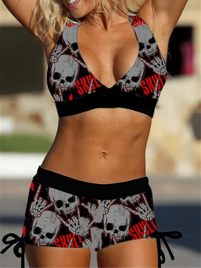 Conjunto de bikini de moda nuevo para mujer para el festival de música, estilo punk con estampado de calavera, dos piezas, bañador con pierna cuadrada con cordón