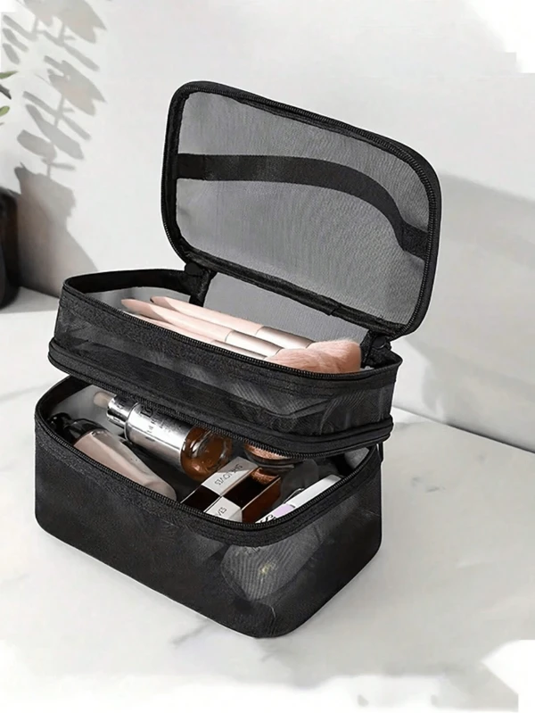 1 pieza Bolsa de cosméticos de malla de doble capa, organizador portátil transparente, soporte para brochas de maquillaje, bolsa de aseo popular, bolsa de almacenamiento de cosméticos, diseño de múltiples compartimentos de gran capacidad, bolso de mano, bolso de playa, bolso de malla, bolsa de maquillaje, accesorios de baño, organizador de maquillaje de verano, accesorios de baño, de vuelta a la escuela