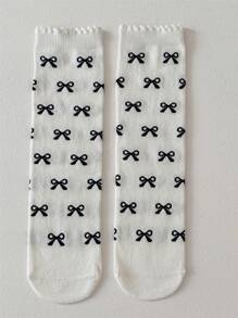 1 par de calcetines de media pantorrilla suaves y cómodos con decoración de lazo, en estilo japonés/coreano, versátiles para usar en todas las estaciones - Blanco - Ver 3