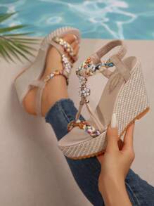 Women's Wedge Sandals 2025 Summer Korean Style Thick Bottom Rhinestone Open Toe Sandals - Apricot - View 5