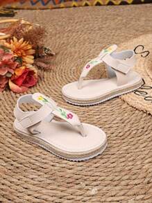 1 双加大码婴幼儿女孩平底凉鞋，纯色 PU 带，彩色刺绣装饰，带钩环扣，圆头，绳子厚底，时尚罗马凉鞋，适合 3-15 岁女孩休闲、旅行、度假穿着，春夏