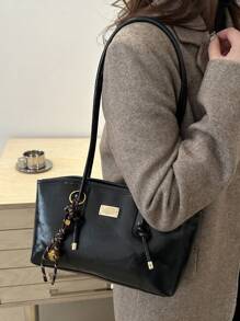 1 pezzo Borsa da bowling in PU imbottito a tinta unita con zip, borsa a tracolla di grande capacità, nuova moda con tocco vintage, borsa a tracolla con decoro in corda annodata, adatta per uso quotidiano delle donne - nero - Visualizzare 4