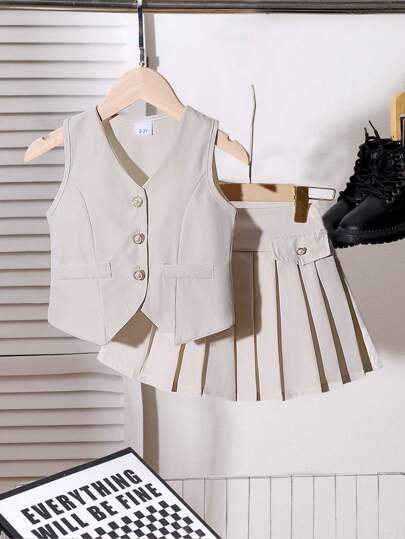2pcs/Set Young Girl' Elegant School Girl Style Vest Top And Pleated Skirt Set, Spring/Summer