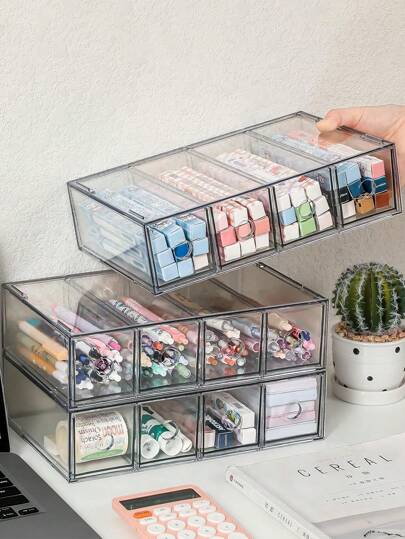 4 节透明亚克力桌面收纳盒 - 大容量防尘收纳，适用于化妆品、钢笔和记号笔 - 非常适合办公室、宿舍和工艺室