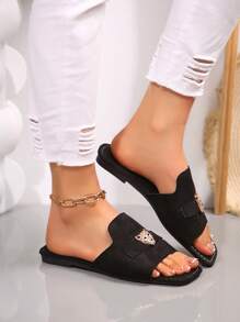 女士方头豹纹平底一脚蹬凉鞋，时尚夏季新款黑色沙滩鞋，优雅休闲百搭女士平底拖鞋